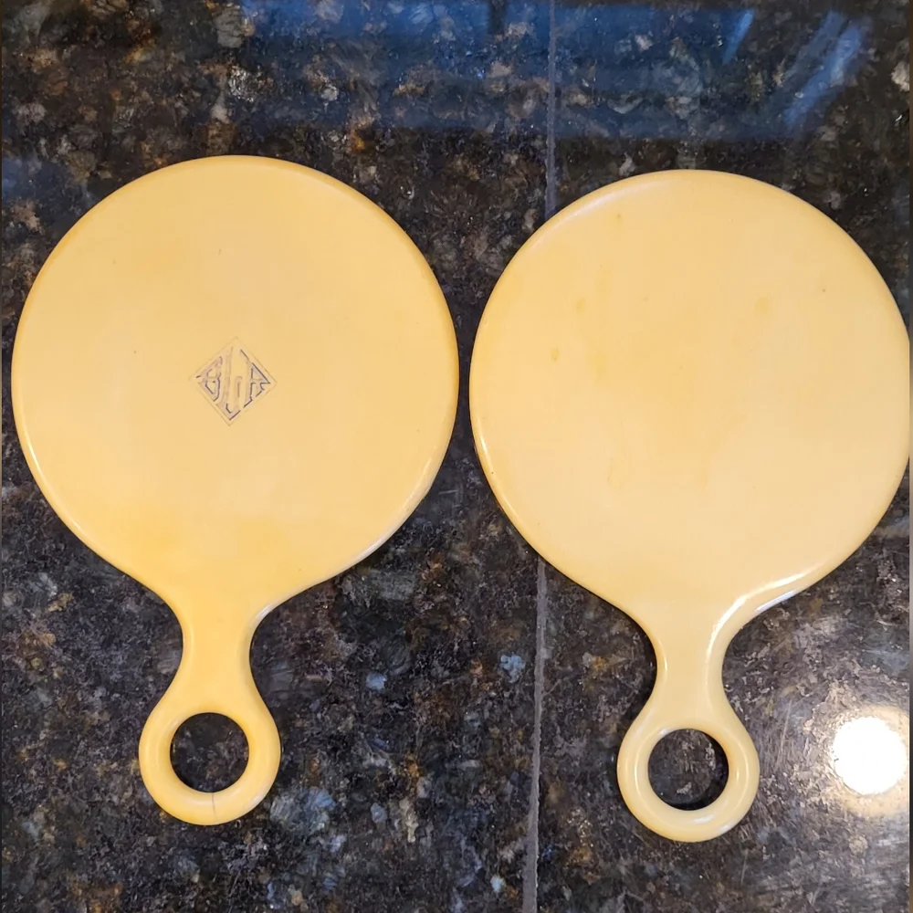 Pair of Antique Round Handled Cream Celluloid Vanity Hand Mirrors
